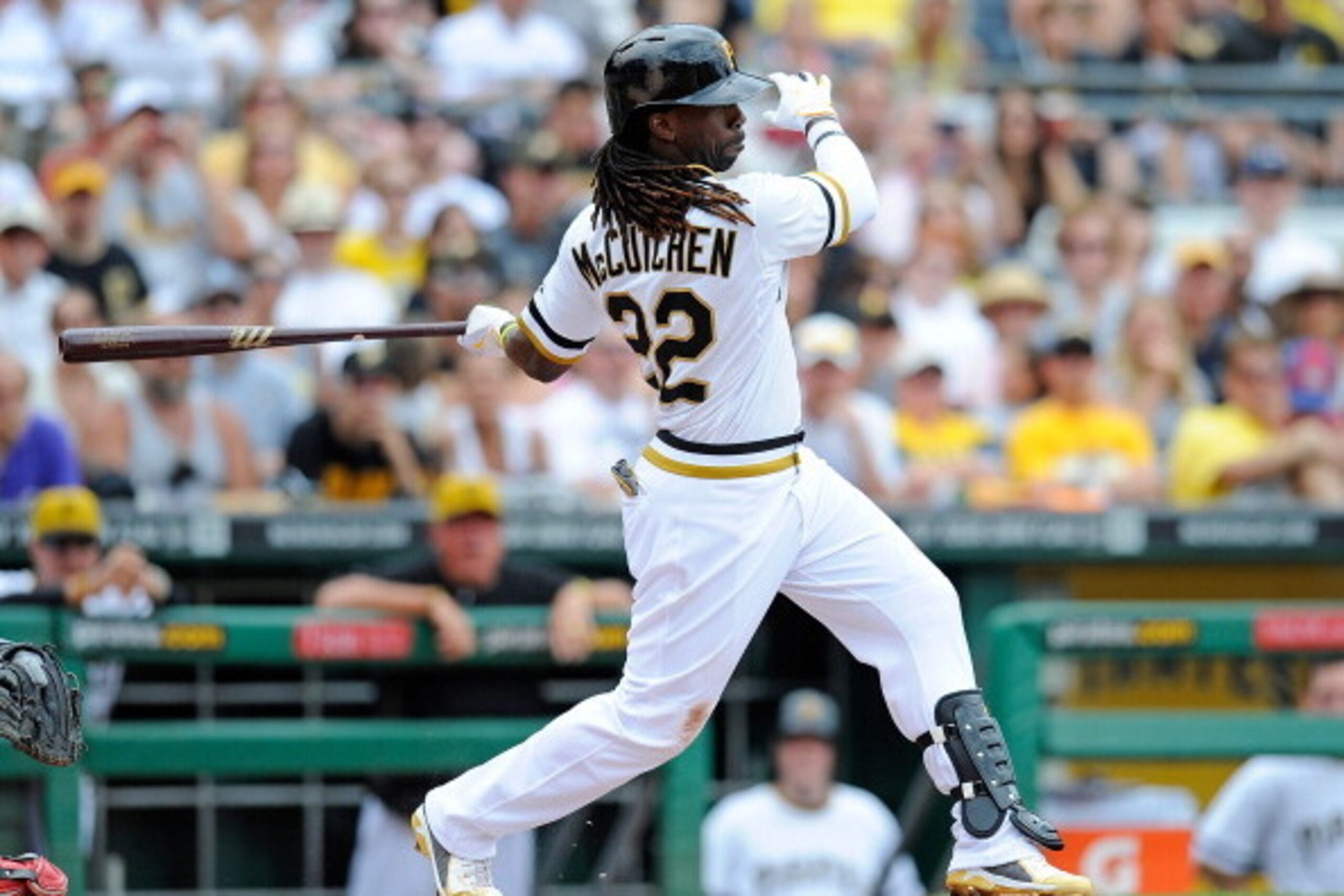 PITTSBURGH, PA - JULY 6:  Andrew McCutchen #22 of the Pittsburgh Pirates bats against the Philadelphia Phillies on July 6, 2014 at PNC Park in Pittsburgh, Pennsylvania.  (Photo by Joe Sargent/Getty Images)