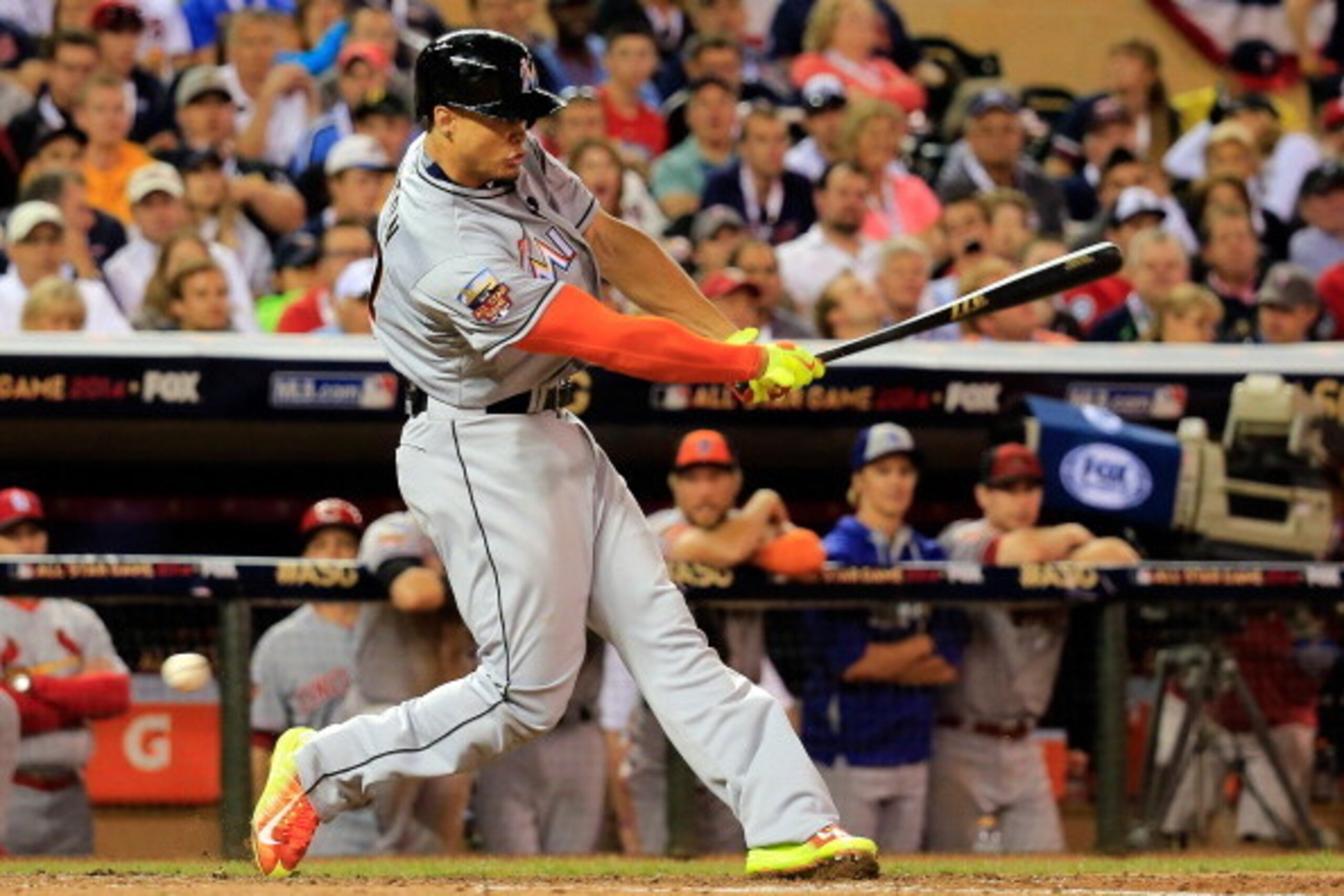 MINNEAPOLIS, MN - JULY 15:  National League All-Star Giancarlo Stanton #27 of the Miami Marlins bats against the American League All-Stars during the 85th MLB All-Star Game at Target Field on July 15, 2014 in Minneapolis, Minnesota.  (Photo by Rob Carr/Ge
