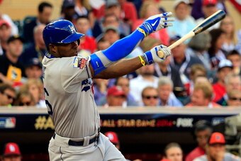 MINNEAPOLIS, MN - JULY 15:  National League All-Star Yasiel Puig #66 of the Los Angeles Dodgers during the 85th MLB All-Star Game at Target Field on July 15, 2014 in Minneapolis, Minnesota.  (Photo by Rob Carr/Getty Images)