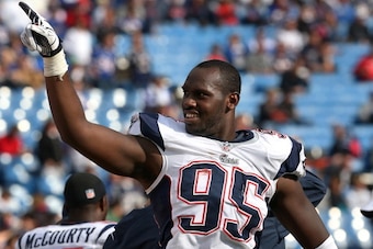 ORCHARD PARK, NY - SEPTEMBER 30: Chandler Jones #95 of the New England Patriots celebrates their impending victory during an NFL game against the Buffalo Bills at Ralph Wilson Stadium on September 30, 2012 in Orchard Park, New York. (Photo by Tom Szczerbo