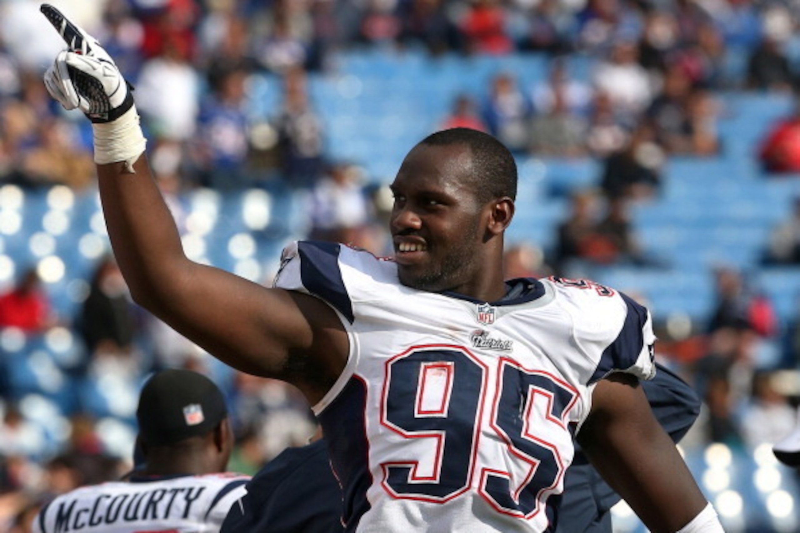 ORCHARD PARK, NY - SEPTEMBER 30: Chandler Jones #95 of the New England Patriots celebrates their impending victory during an NFL game against the Buffalo Bills at Ralph Wilson Stadium on September 30, 2012 in Orchard Park, New York. (Photo by Tom Szczerbo ORCHARD PARK, NY - SEPTEMBER 30: Chandler Jones #95 of the New England Patriots celebrates their impending victory during an NFL game against the Buffalo Bills at Ralph Wilson Stadium on September 30, 2012 in Orchard Park, New York. (Photo by Tom Szczerbo