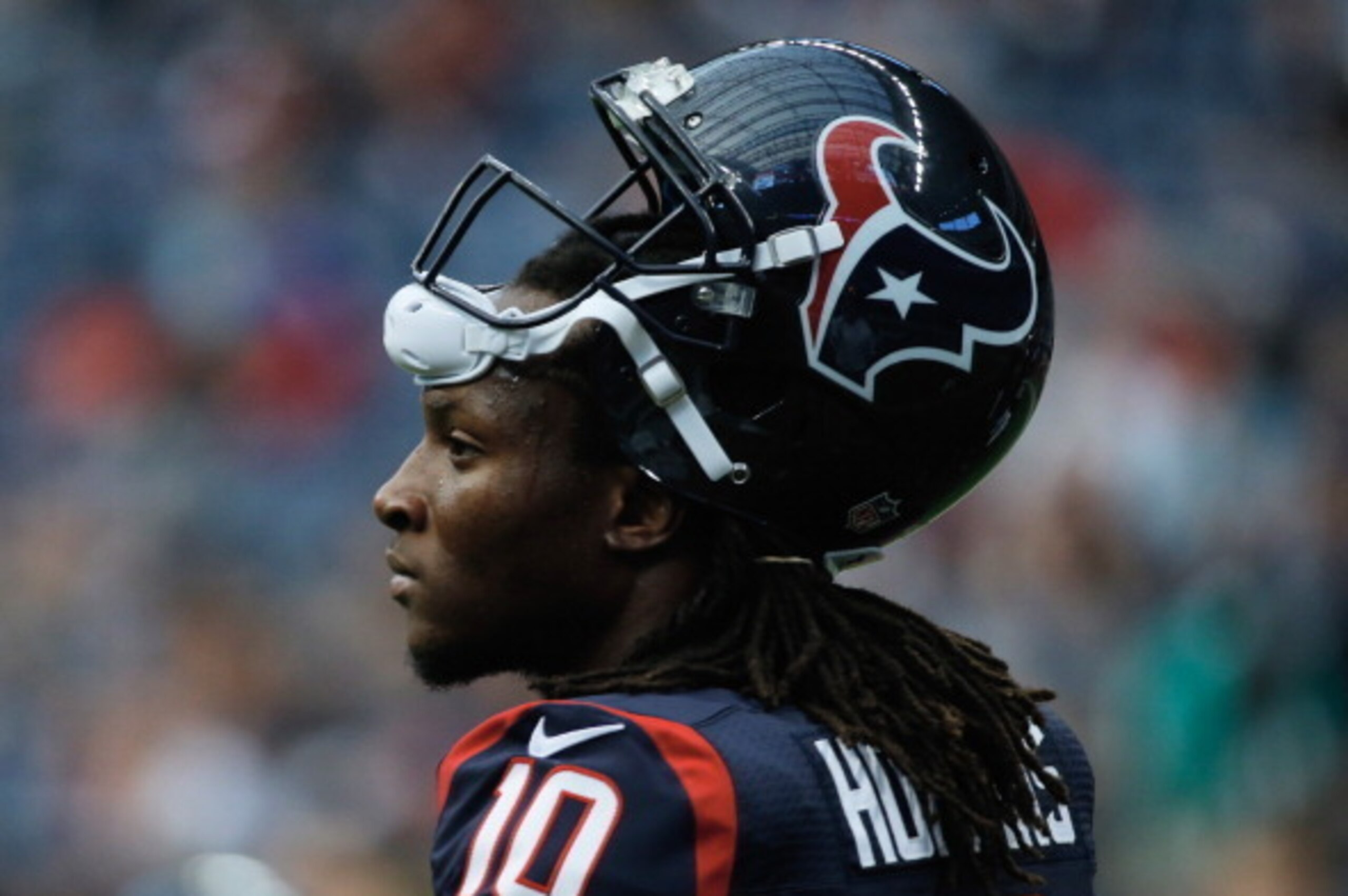HOUSTON, TX - AUGUST 17:  DeAndre Hopkins #10  of the Houston Texans works out on the field before the start of the preseason game against the Miami Dolphins at Reliant Stadium on August 17, 2013 in Houston, Texas.  (Photo by Scott Halleran/Getty Images)