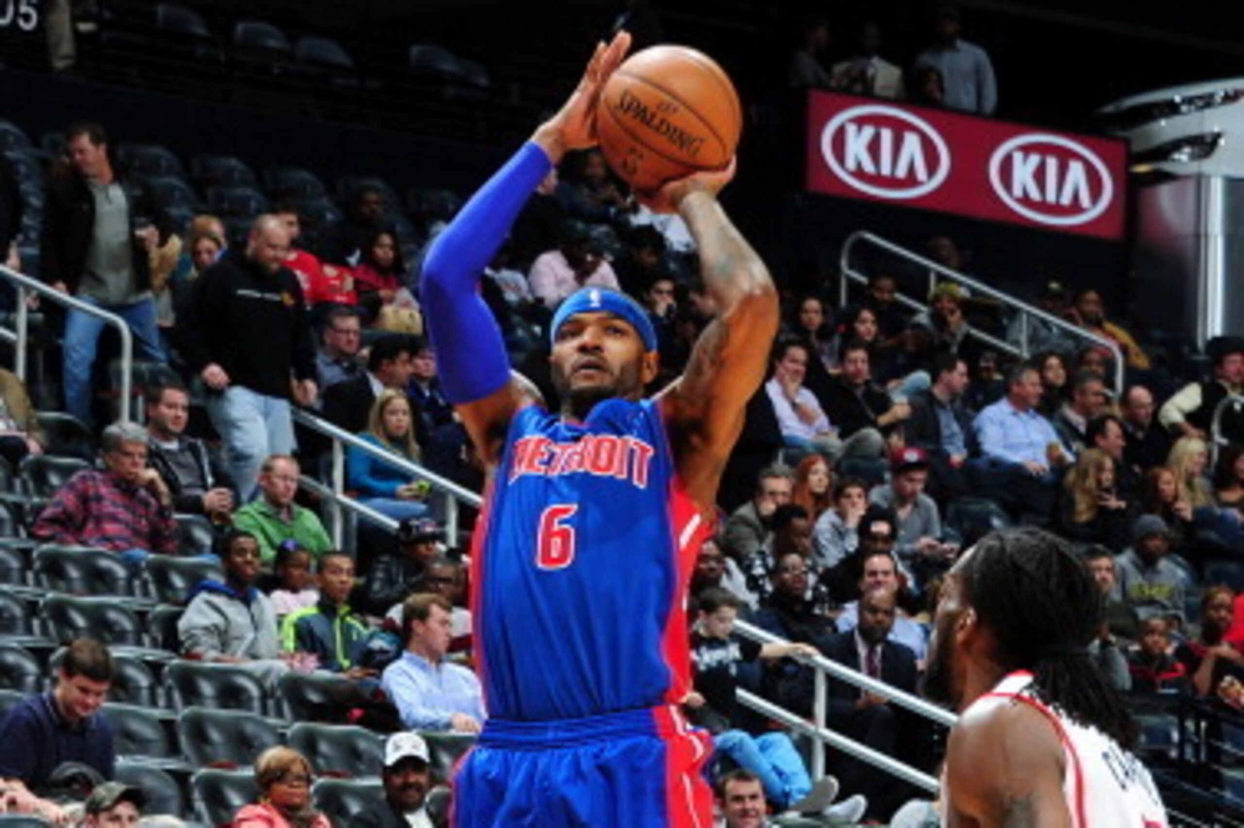 ATLANTA, GA - NOVEMBER 20:  Josh Smith #6 of the Detroit Pistons shoots a jump shot against the Atlanta Hawks on November 20, 2013 at Philips Arena in Atlanta, Georgia.  NOTE TO USER: User expressly acknowledges and agrees that, by downloading and/or usin