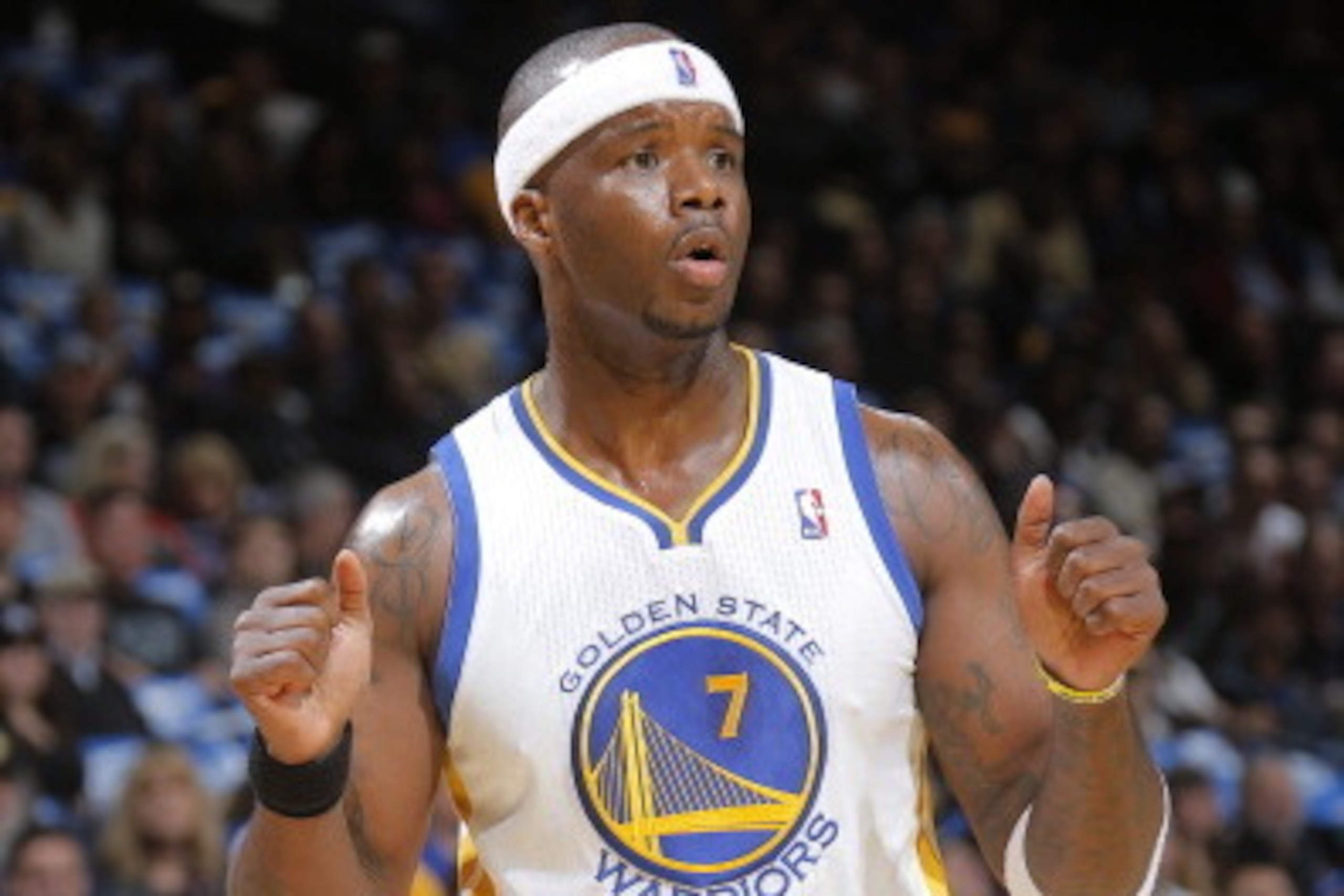 OAKLAND, CA - APRIL 4: Jermaine O'Neal #7 of the Golden State Warriors reacts against the Sacramento Kings on April 4, 2014 at Oracle Arena in Oakland, California. NOTE TO USER: User expressly acknowledges and agrees that, by downloading and or using this