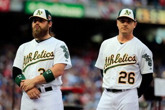 MINNEAPOLIS, MN - JULY 15: American League All-Stars Derek Norris #36 and Scott Kazmir #26 of the Oakland Athletics before the 85th MLB All-Star Game at Target Field on July 15, 2014 in Minneapolis, Minnesota.  (Photo by Rob Carr/Getty Images)