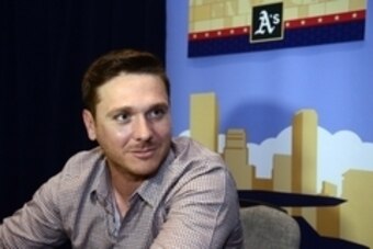 Jul 14, 2014; Minneapolis, MN, USA; American League pitcher Scott Kazmir of the Oakland Athletics during media day the day before the 2014 MLB All Star Game at Hyatt Regency. Mandatory Credit: Jeff Curry-USA TODAY Sports