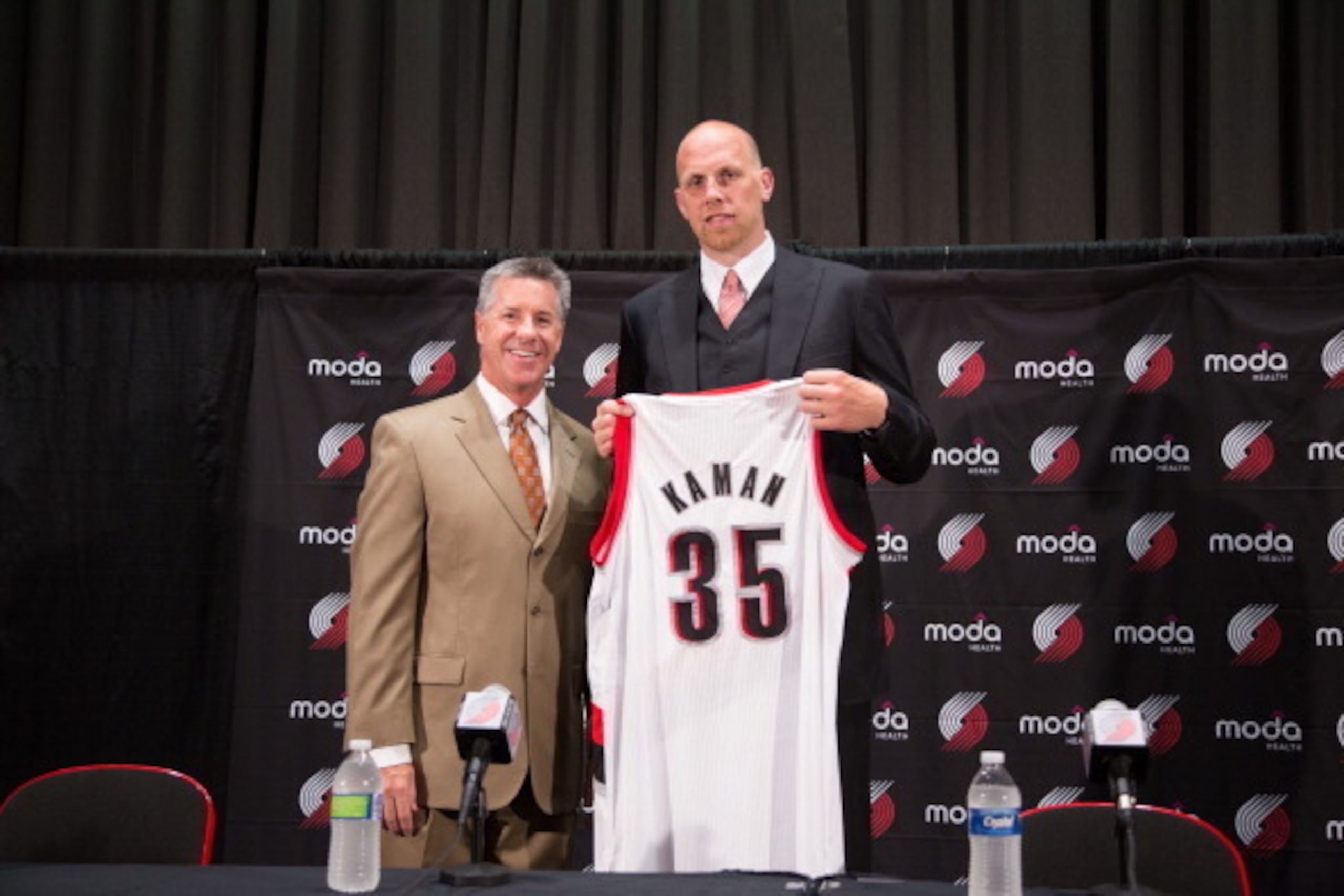 PORTLAND, OR - JULY 10: Newly signed Portland Trail Blazer Chris Kaman is introduced  to the media by General Manager Neil Olshey July 10, 2014 at the Trail Blazer Practice Facility in Portland, Oregon. NOTE TO USER: User expressly acknowledges and agrees