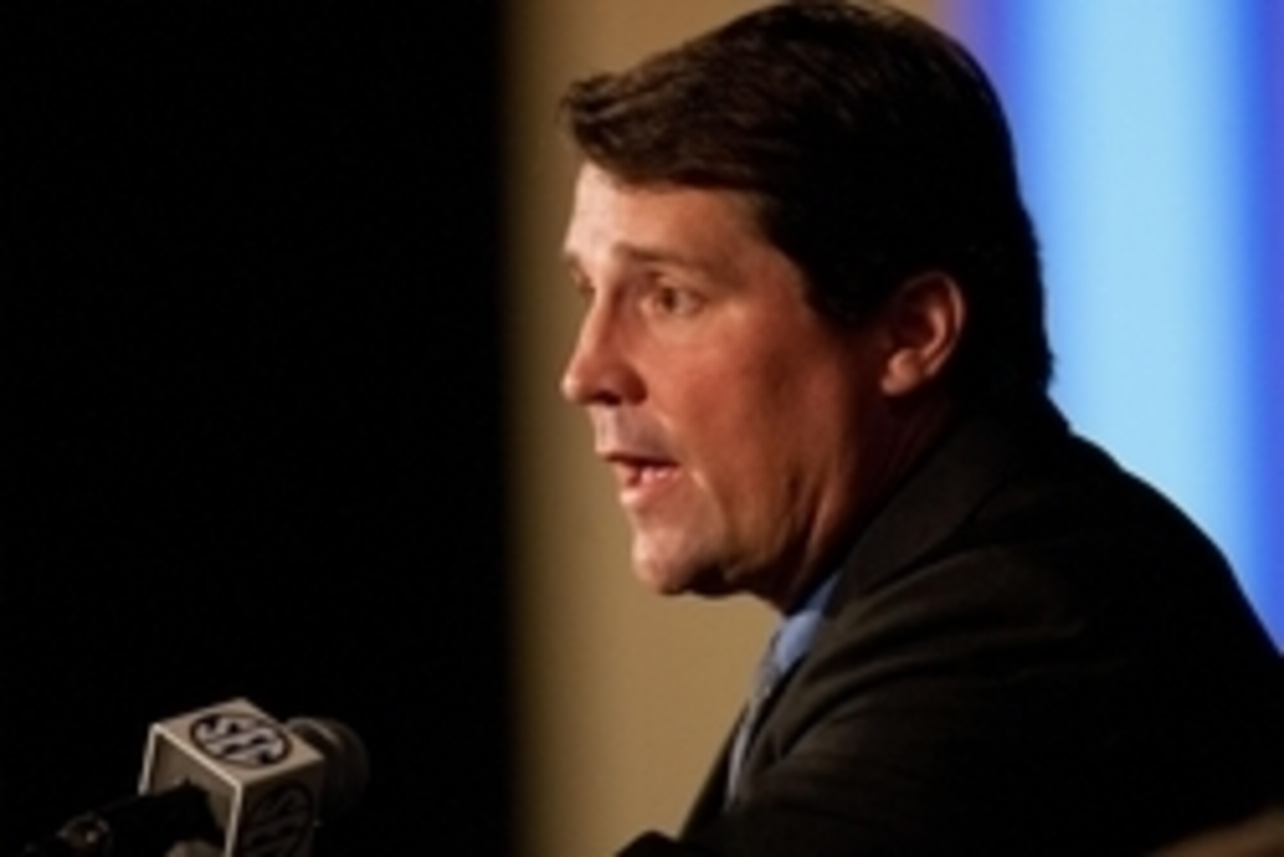 Jul 14, 2014; Hoover, AL, USA; Florida head coach Will Muschamp talks to the media during the SEC Football Media Days at the Wynfrey Hotel. Mandatory Credit: Marvin Gentry-USA TODAY Sports
