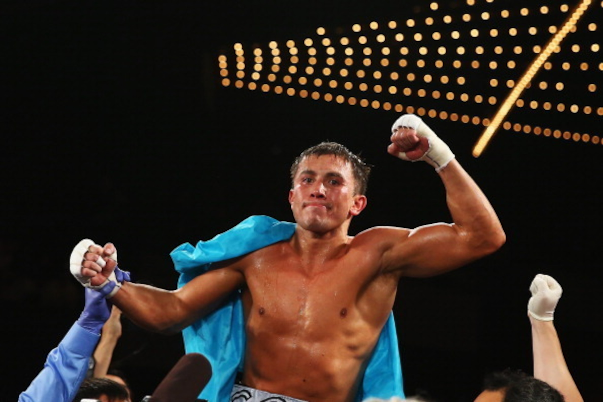 NEW YORK, NY - NOVEMBER 02:  Gennady Golovkin celebrates his eighth round TKO against Curtis Stevens after their WBA Middleweight Title fight at The Theater at Madison Square Garden on November 2, 2013 in New York City.  (Photo by Al Bello/Getty Images)