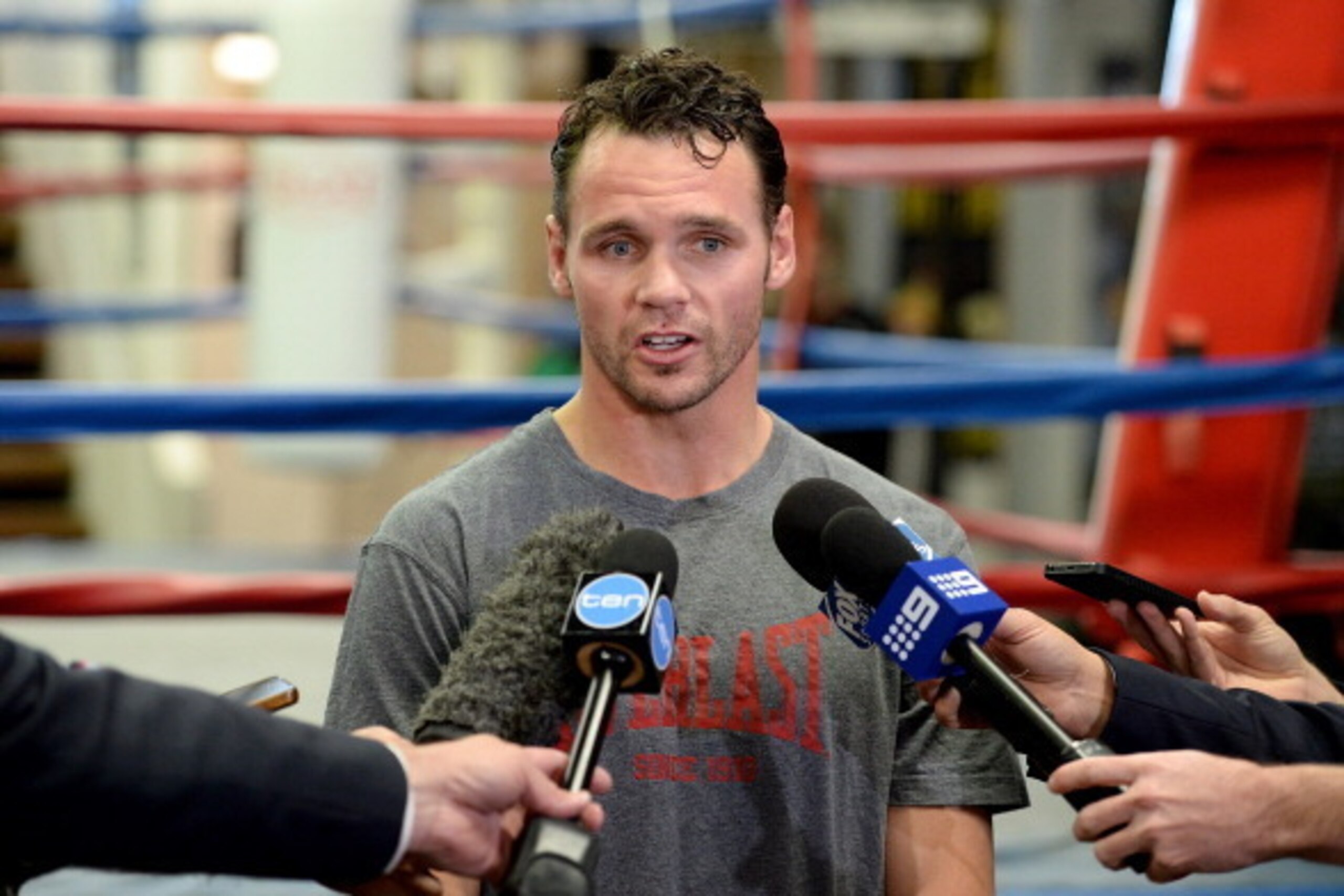 BRISBANE, AUSTRALIA - JULY 07:  Daniel Geale talks to the media after a sparring session against Jarrod Fletcher at the Fortitude Boxing Gym on July 7, 2014 in Brisbane, Australia.  (Photo by Bradley Kanaris/Getty Images)