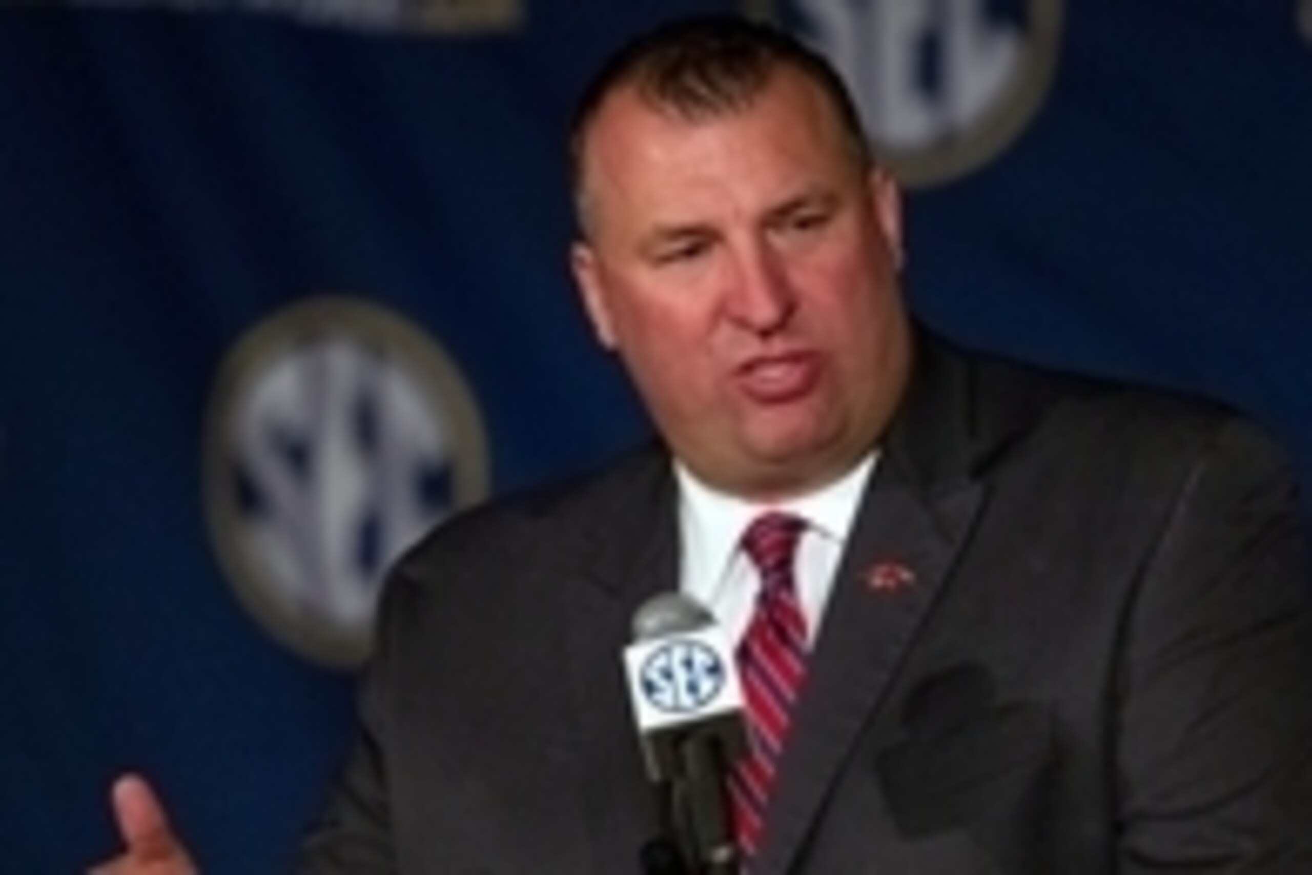 Jul 16, 2014; Hoover, AL, USA; Arkansas Razorbacks head coach Bret Bielema talks to the media during the SEC Football Media Days at the Wynfrey Hotel. Mandatory Credit: Marvin Gentry-USA TODAY Sports Jul 16, 2014; Hoover, AL, USA; Arkansas Razorbacks head coach Bret Bielema talks to the media during the SEC Football Media Days at the Wynfrey Hotel. Mandatory Credit: Marvin Gentry-USA TODAY Sports