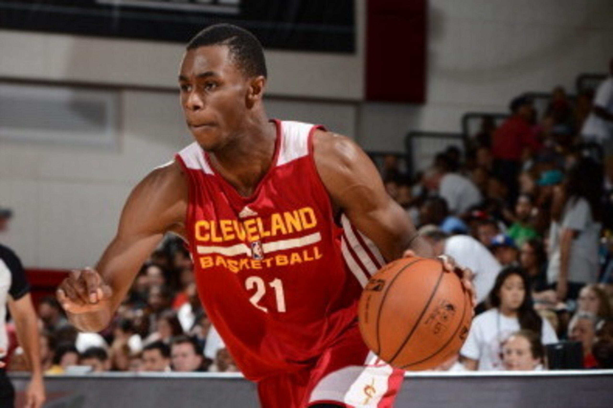 LAS VEGAS, NV - JULY 13:  Andrew Wiggins #21 of the Cleveland Cavaliers handles the ball against the San Antonio Spurs at the Samsung NBA Summer League 2014 on July 13, 2014 at the Cox Pavilion in Las Vegas, Nevada. NOTE TO USER: User expressly acknowledg