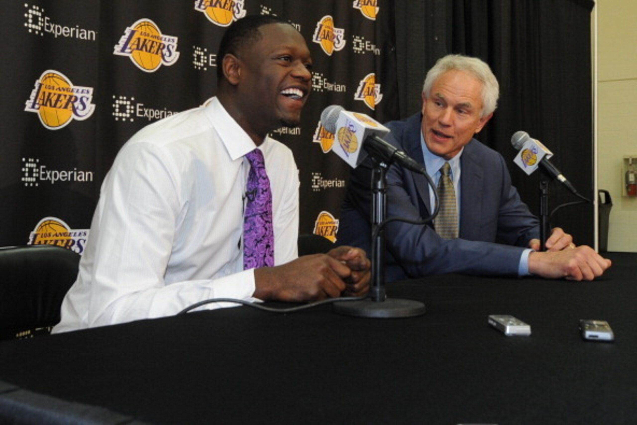EL SEGUNDO, CA - JUNE 30:  Julius Randle #30 of the Los Angeles Lakers speaks to the media during his introductory press conference with Los Angeles Lakers General Manager Mitch Kupchak on June 30, 2014 at the Toyota Sports Center in El Segundo, Californi