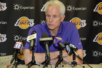EL SEGUNDO, CA - JULY 23: Mitch Kupchak of the Los Angeles Lakers speaks to the media during a press conference on July 23, 2014 at the Toyota Sports Center in El Segundo, California.  NOTE TO USER: User expressly acknowledges and agrees that, by download