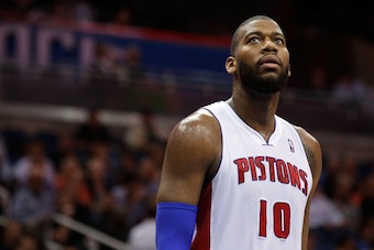 Feb 5, 2014; Orlando, FL, USA; Detroit Pistons power forward Greg Monroe (10) looks up against the Orlando Magic during the second quarter at Amway Center. Mandatory Credit: Kim Klement-USA TODAY Sports
