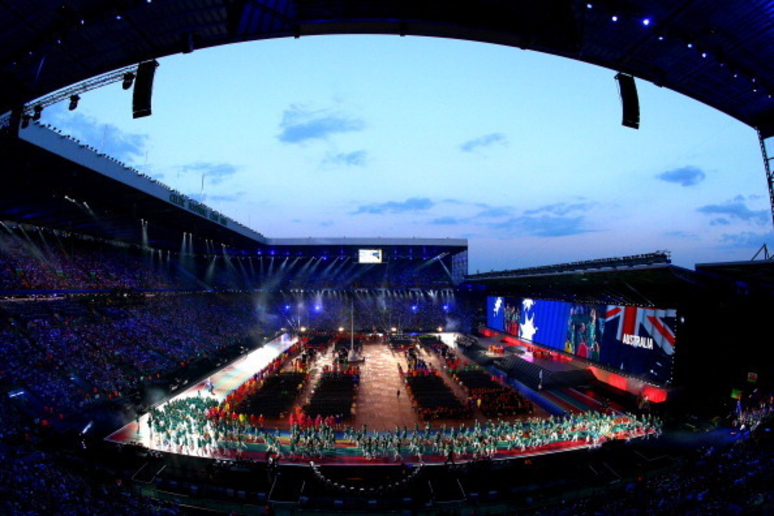 GLASGOW, SCOTLAND - JULY 23:  A general view as Flag bearer and Cyclist Anna Meares of Australia leads the Australian athletes during the Opening Ceremony for the Glasgow 2014 Commonwealth Games at Celtic Park on July 23, 2014 in Glasgow, Scotland.  (Phot