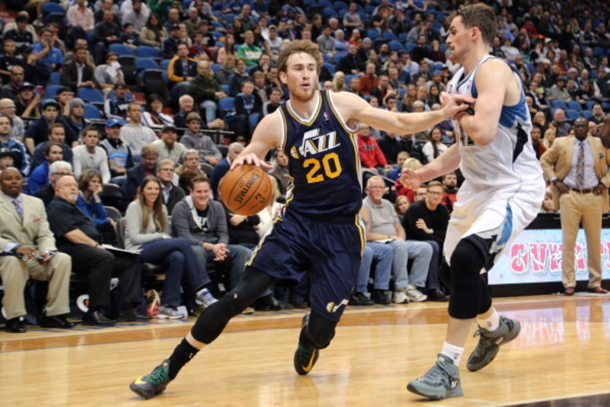 MINNEAPOLIS, MN - April 16:  Gordon Hayward #20 of the Utah Jazz drives to the basket against the Minnesota Timberwolves on April 16, 2014 at Target Center in Minneapolis, Minnesota. NOTE TO USER: User expressly acknowledges and agrees that, by downloadin