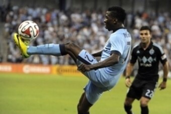 Jul 23, 2014; Kansas City, KS, USA; Manchester City forward Kelechi Iheanacho (72) kicks the ball against the Sporting KC in the first half at Sporting Park. Manchester City won 4-1. Mandatory Credit: John Rieger-USA TODAY Sports