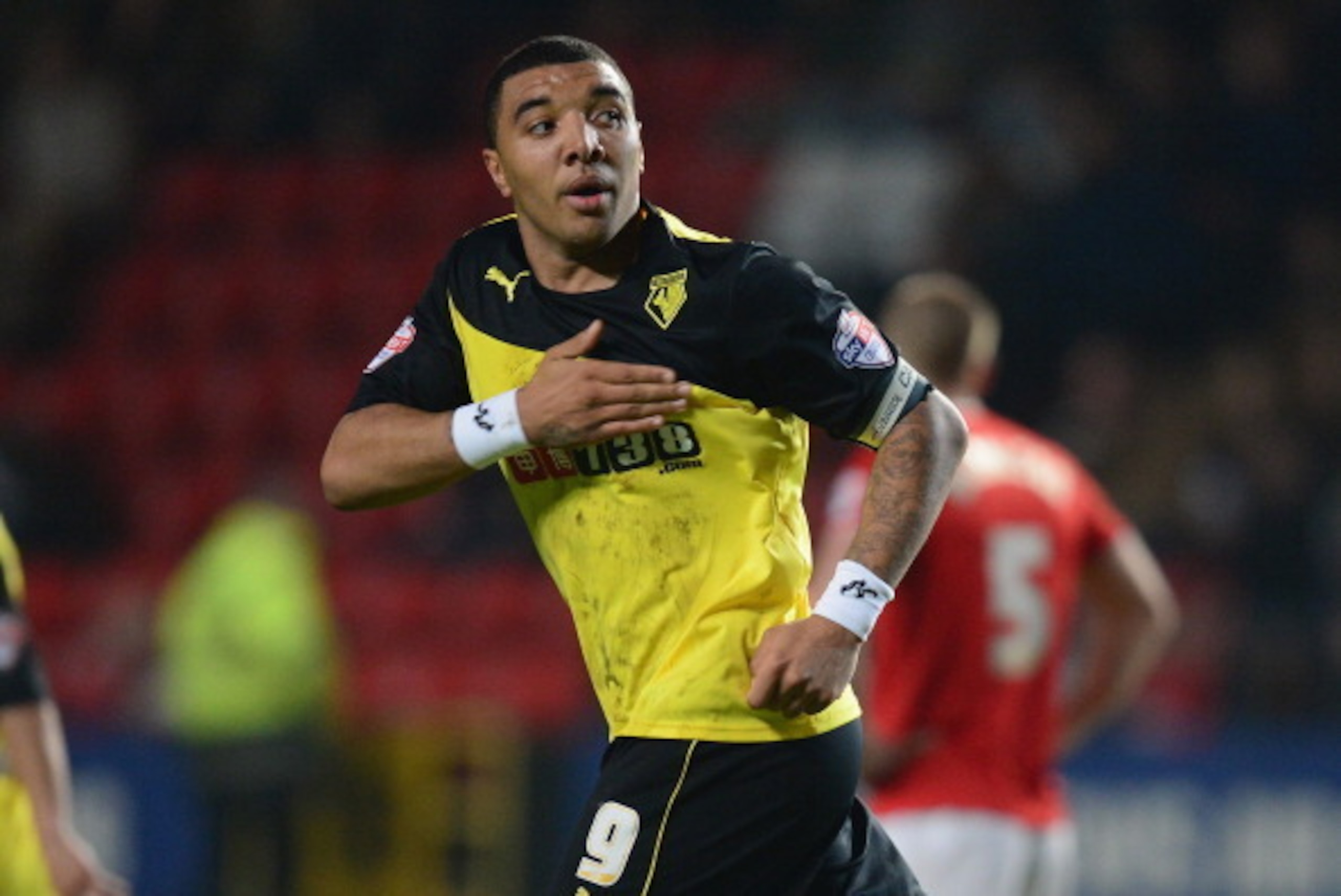 LONDON, ENGLAND - APRIL 29:  Troy Deeney of Watford celebrates his goal during the Sky Bet Championship match between Charlton Athletic and Watford at The Valley on April 29, 2014 in London, England.  (Photo by Jamie McDonald/Getty Images)
