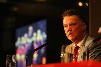 MANCHESTER, ENGLAND - JULY 17:  Louis van Gaal appears at a press conference as he is unveiled as the new Manchester United manager at Old Trafford on July 17, 2014 in Manchester, England.  (Photo by Clive Mason/Getty Images)