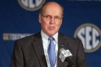 Jul 16, 2014; Hoover, AL, USA; College Football Playoff executive director Bill Hancock talks to the media during the SEC Football Media Days at the Wynfrey Hotel. Mandatory Credit: Marvin Gentry-USA TODAY Sports