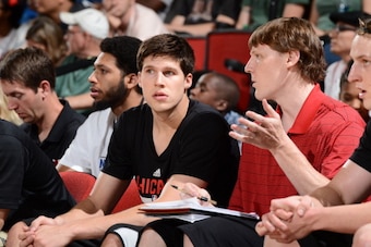 LAS VEGAS, NV - JULY 13:  Doug McDermott and Colby Karl attend the game between the Chicago Bulls and the Denver Nuggets at the 2014 Samsung NBA Summer League on July 13, 2014 at the Cox Pavilion in Las Vegas, Nevada. NOTE TO USER: User expressly acknowle