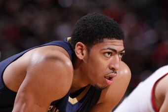 PORTLAND, OR - APRIL 6:  A close up shot of Anthony Davis #23 of the New Orleans Pelicans during the game against the Portland Trail Blazers on April 6, 2014 at the Moda Center Arena in Portland, Oregon. NOTE TO USER: User expressly acknowledges and agree