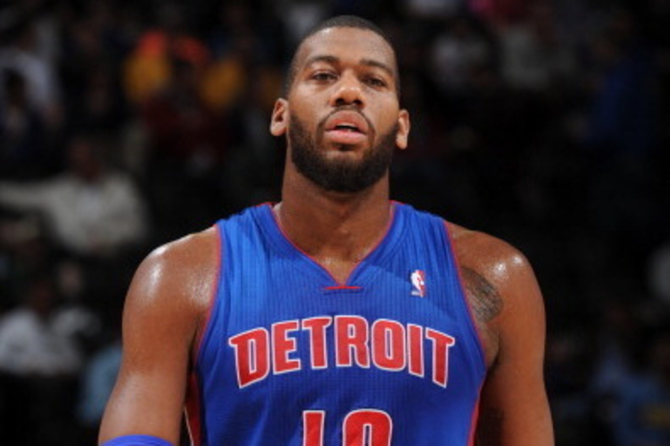 DENVER, CO - MARCH 19: Greg Monroe #10 of the Detroit Pistons stands on the court during a game against the Denver Nuggets on March 19, 2014 at the Pepsi Center in Denver, Colorado. NOTE TO USER: User expressly acknowledges and agrees that, by downloading