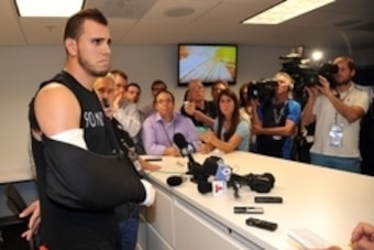 May 20, 2014; Miami, FL, USA; Miami Marlins starting pitcher Jose Fernandez (16) fields questions from reporters during a press conference at Marlins Ballpark. Mandatory Credit: Steve Mitchell-USA TODAY Sports