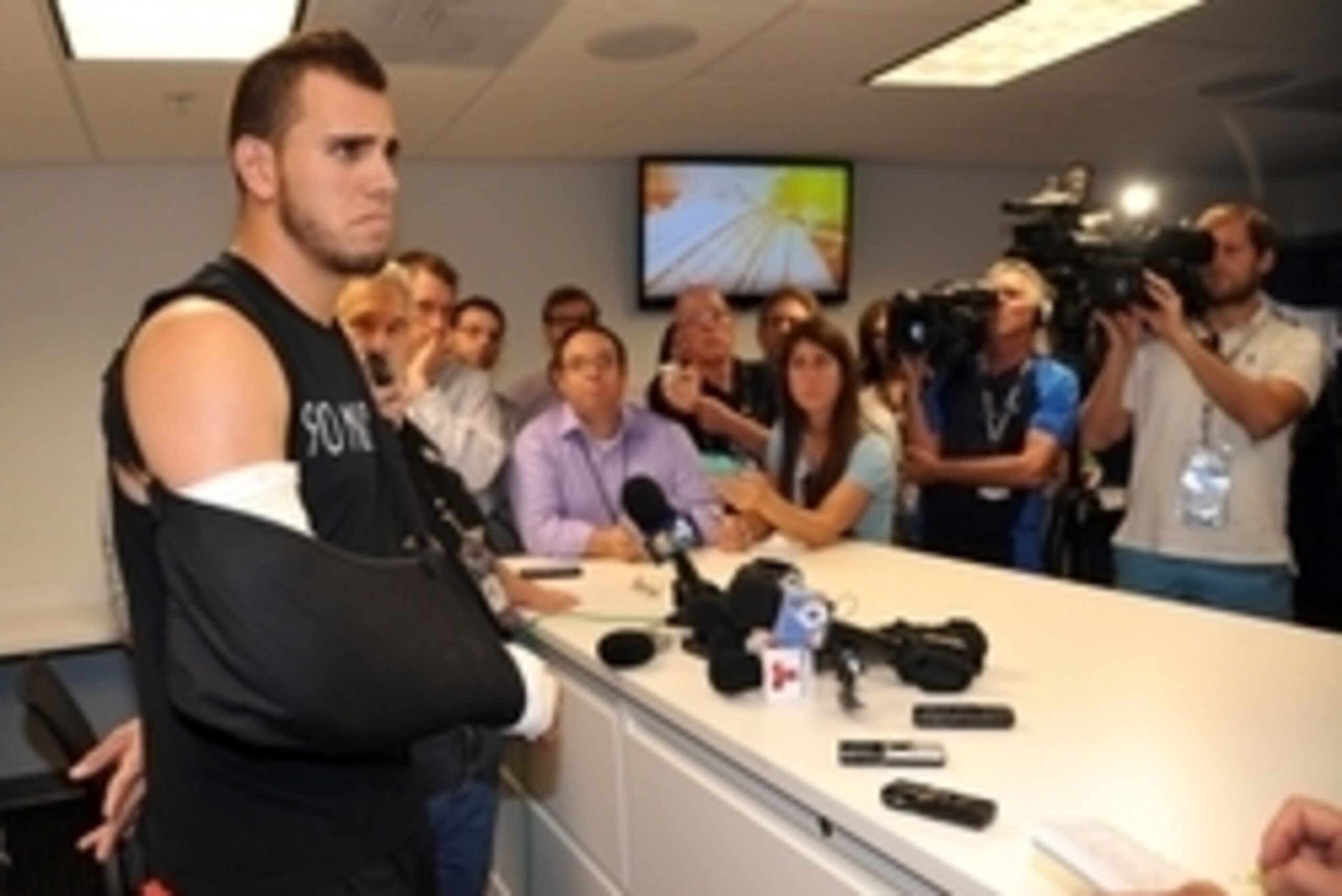 May 20, 2014; Miami, FL, USA; Miami Marlins starting pitcher Jose Fernandez (16) fields questions from reporters during a press conference at Marlins Ballpark. Mandatory Credit: Steve Mitchell-USA TODAY Sports May 20, 2014; Miami, FL, USA; Miami Marlins starting pitcher Jose Fernandez (16) fields questions from reporters during a press conference at Marlins Ballpark. Mandatory Credit: Steve Mitchell-USA TODAY Sports