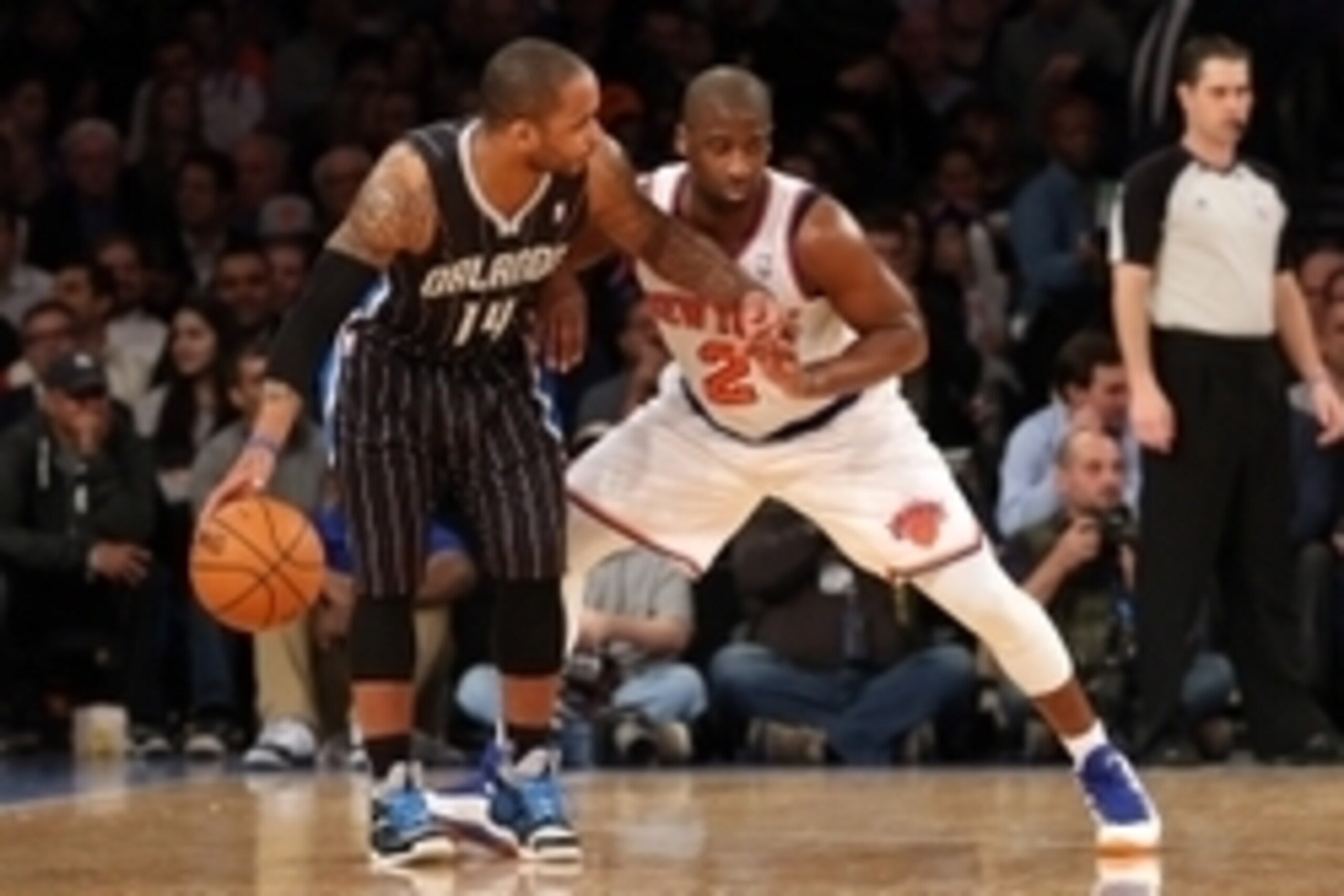 Mar 20, 2013; New York, NY, USA;  New York Knicks point guard Raymond Felton (2) guards Orlando Magic point guard Jameer Nelson (14) during the third quarter at Madison Square Garden.  Knicks won 106-94.  Mandatory Credit: Anthony Gruppuso-USA TODAY Sport