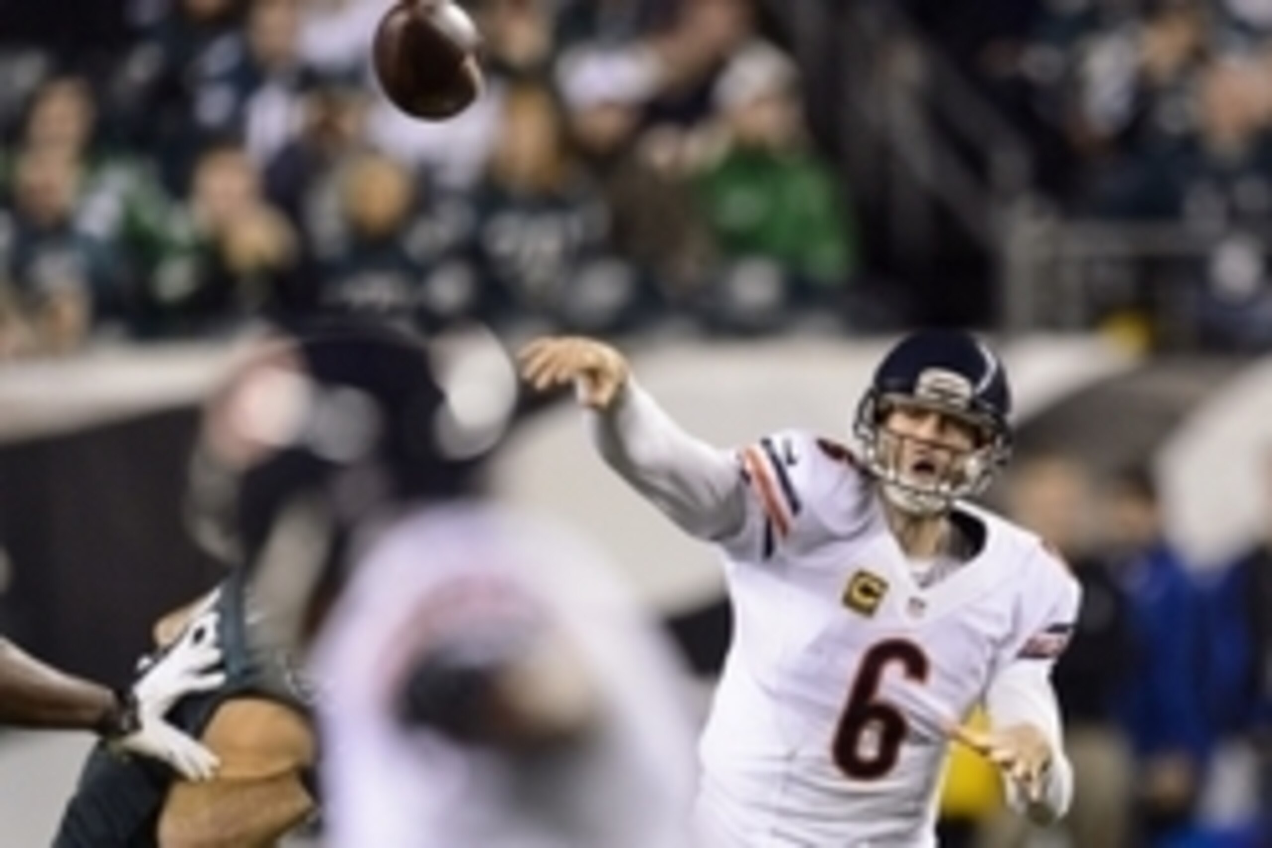 Dec 22, 2013; Philadelphia, PA, USA; Chicago Bears quarterback Jay Cutler (6) passes the ball during the second quarter against the Philadelphia Eagles at Lincoln Financial Field. The Eagles defeated the Bears 54-11. Mandatory Credit: Howard Smith-USA TOD