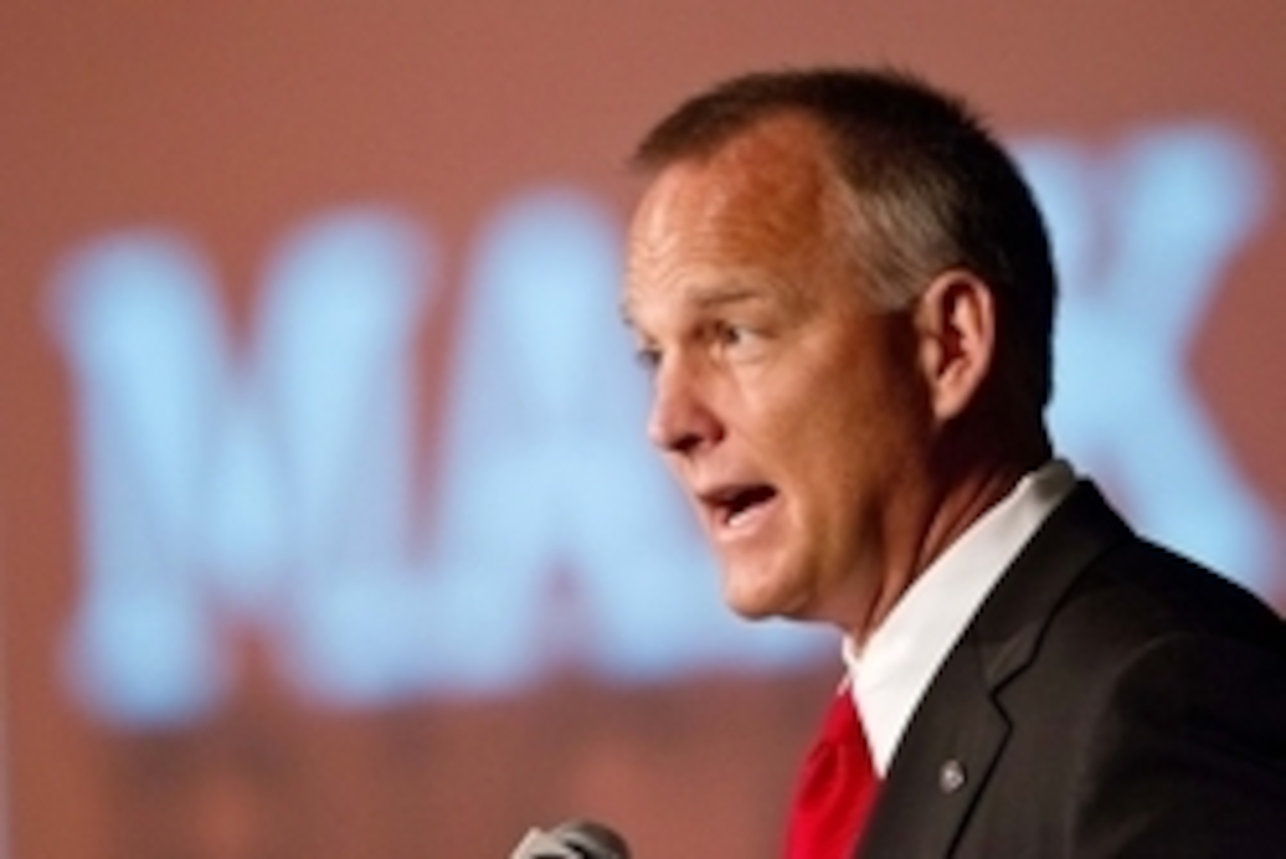 Jul 17, 2014; Hoover, AL, USA; Georgia Bulldogs head coach Mark Richt talks to the media during the SEC football media days at the Wynfrey Hotel.  Mandatory Credit: Marvin Gentry-USA TODAY Sports