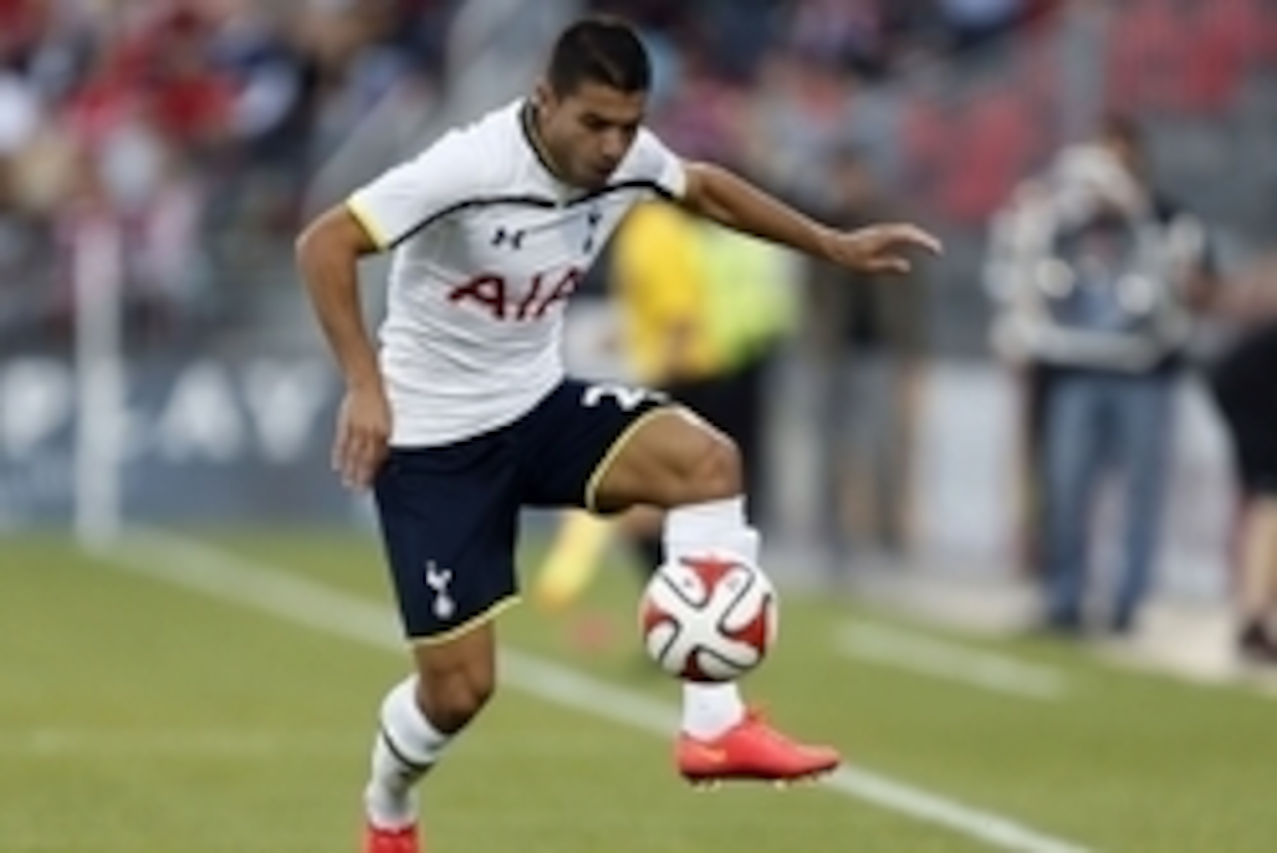 Jul 23, 2014; Toronto, Ontario, Canada; Tottenham Hotspur forward Yago Falque (27) controls the ball against Toronto FC at BMO Field. Tottenham defeated Toronto 3-2. Mandatory Credit: John E. Sokolowski-USA TODAY Sports