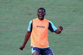 SALVADOR, BRAZIL - JULY 04:  Joel Campbell laughs during the Costa Rica training ahead of the 2014 FIFA World Cup quarter final match between the Netherlands and Costa Rica held at the Arena Fonte Nova on July 4, 2014 in Salvador, Brazil.  (Photo by Dean 