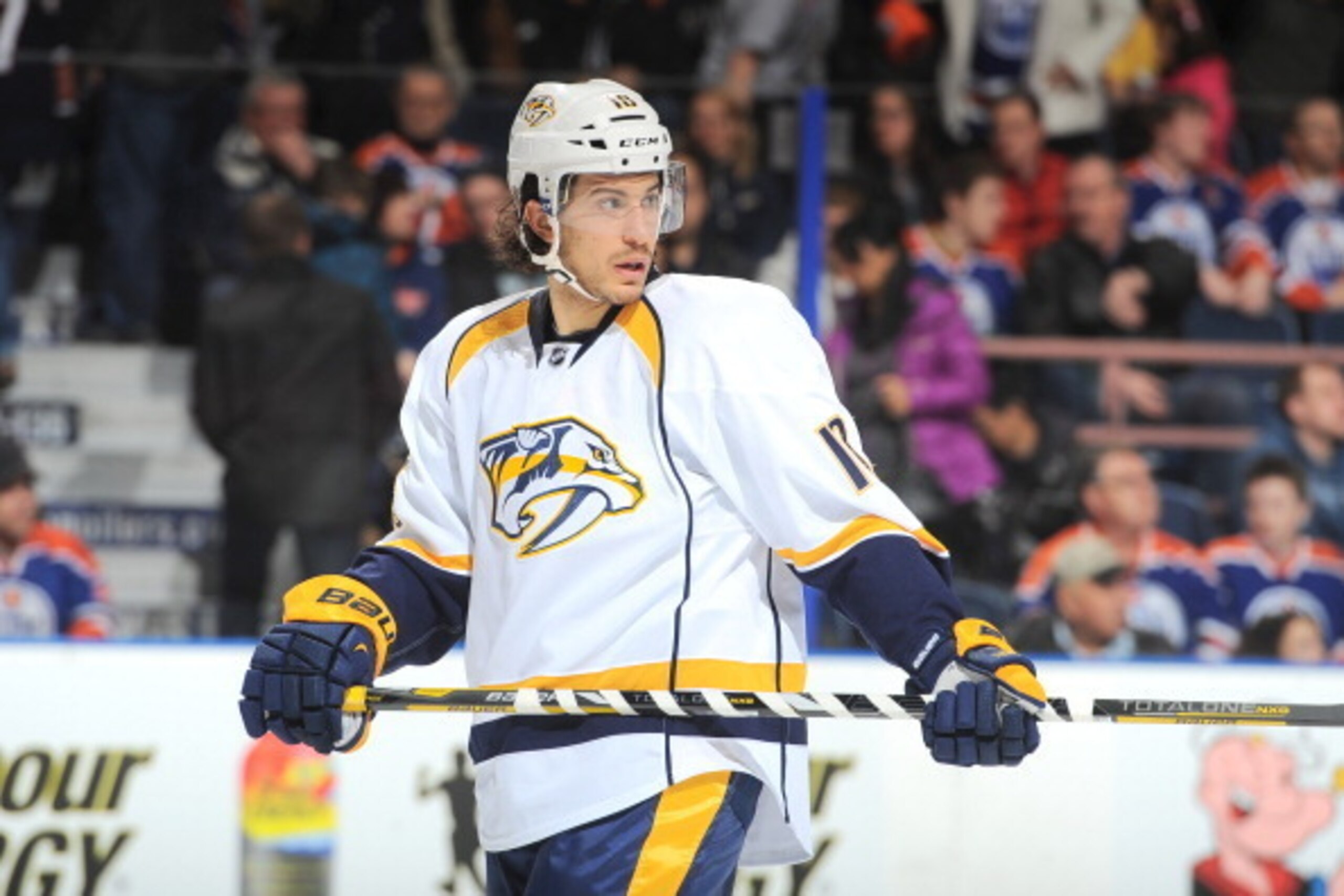 EDMONTON, AB - JANUARY 26: Michael Del Zotto #18 of the Nashville Predators skates on the ice in a game against the Edmonton Oilers on January 26, 2014 at Rexall Place in Edmonton, Alberta, Canada. (Photo by Andy Devlin/NHLI via Getty Images)