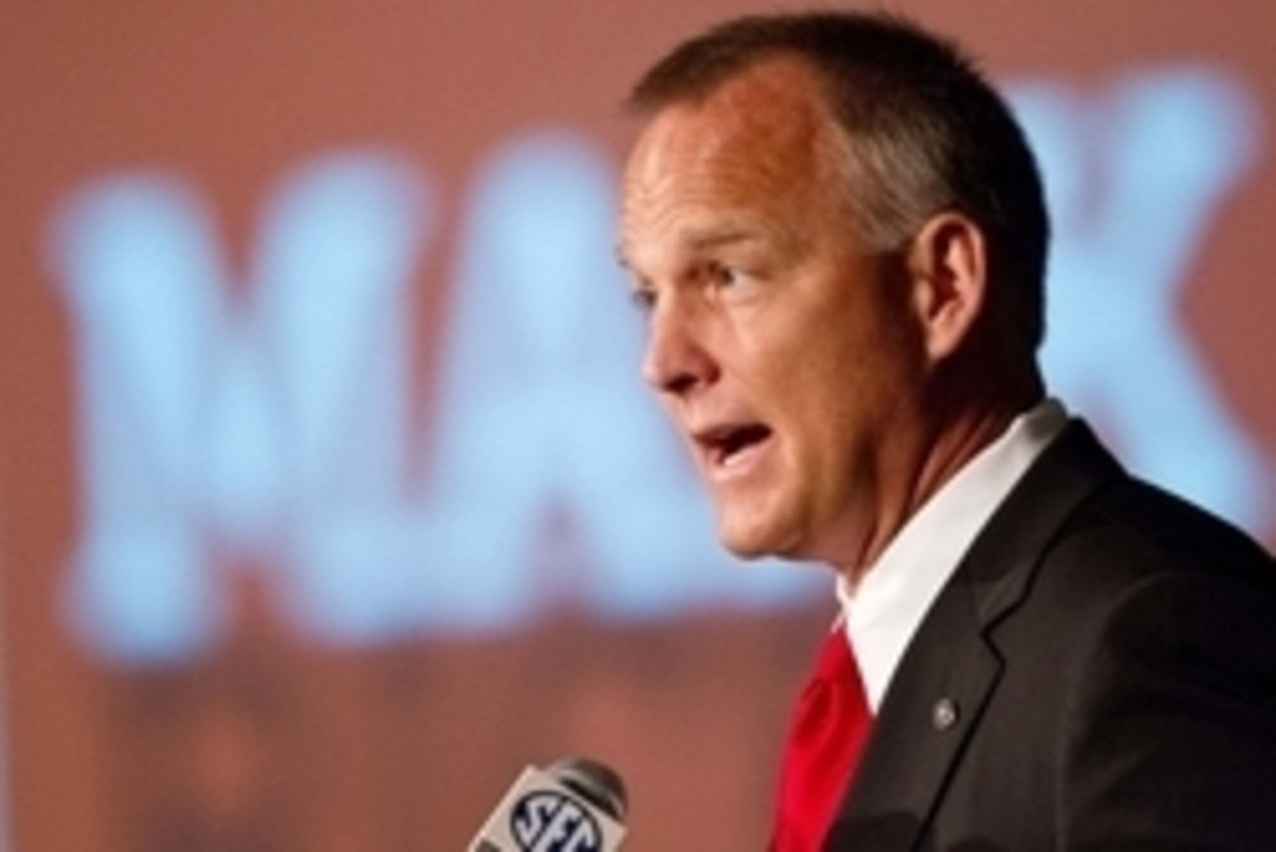 Jul 17, 2014; Hoover, AL, USA; Georgia Bulldogs head coach Mark Richt talks to the media during the SEC football media days at the Wynfrey Hotel.  Mandatory Credit: Marvin Gentry-USA TODAY Sports