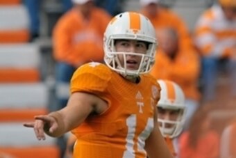 Oct 19, 2013; Knoxville, TN, USA; Tennessee Volunteers quarterback Justin Worley (14) during warm ups prior to the game against the South Carolina Gamecocks at Neyland Stadium. Mandatory Credit: Jim Brown-USA TODAY Sports