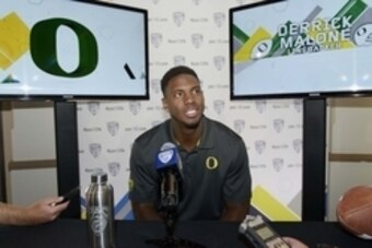 Jul 23, 2014; Hollywood, CA, USA; Oregon Ducks linebacker Derrick Malone talks to the media during the Pac-12 Media Day at the Studios at Paramount. Mandatory Credit: Kelvin Kuo-USA TODAY Sports