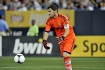 Aug 8, 2012; Bronx, NY, USA;  Real Madrid goalkeeper Iker Casillas during the first half against AC Milan at  Yankee Stadium.   Mandatory Credit: Joe Camporeale-USA TODAY Sports