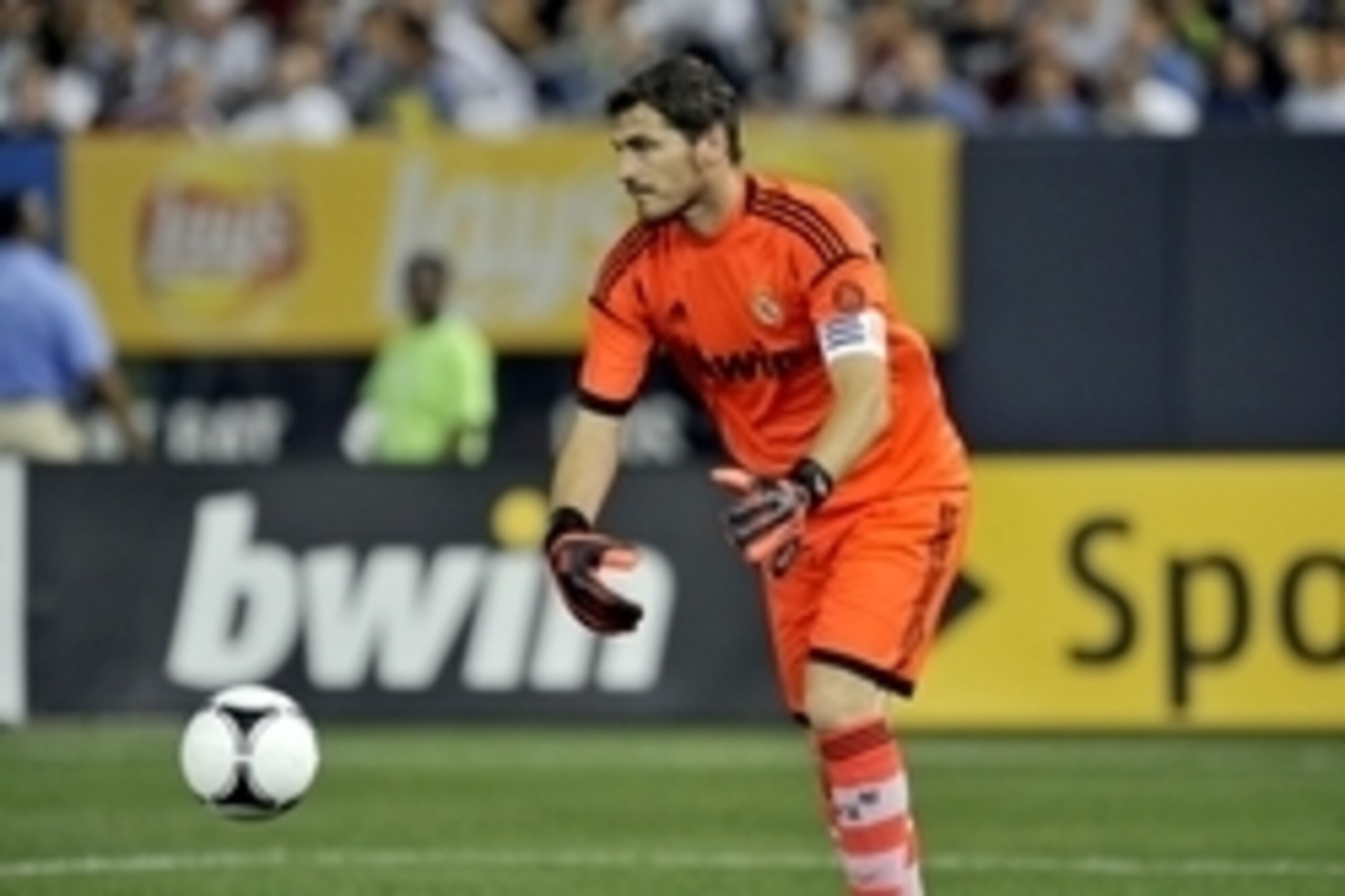 Aug 8, 2012; Bronx, NY, USA;  Real Madrid goalkeeper Iker Casillas during the first half against AC Milan at  Yankee Stadium.   Mandatory Credit: Joe Camporeale-USA TODAY Sports