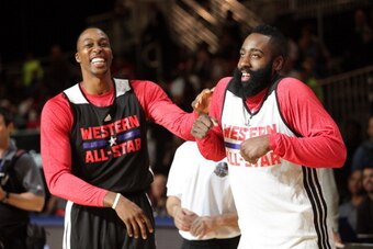 NEW ORLEANS, LA - FEBRUARY 15: Dwight Howard and James Harden of the Western Conference All-Stars laugh during NBA All-Star Practice at Sprint Arena as part of 2014 NBA All-Star Weekend at the Ernest N. Morial Convention Center on February 15, 2014 in New