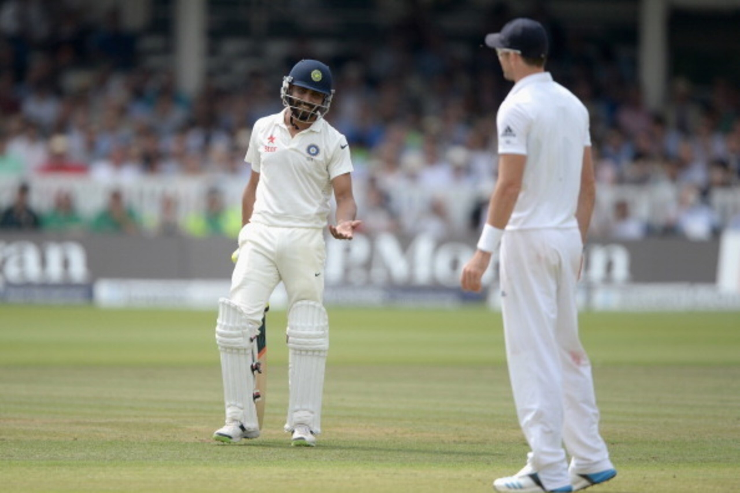 LONDON, ENGLAND - JULY 20:  Ravindra Jadeja of India speaks with James Anderson of England during day four of 2nd Investec Test match between England and India at Lord's Cricket Ground on July 20, 2014 in London, United Kingdom.  (Photo by Gareth Copley/G