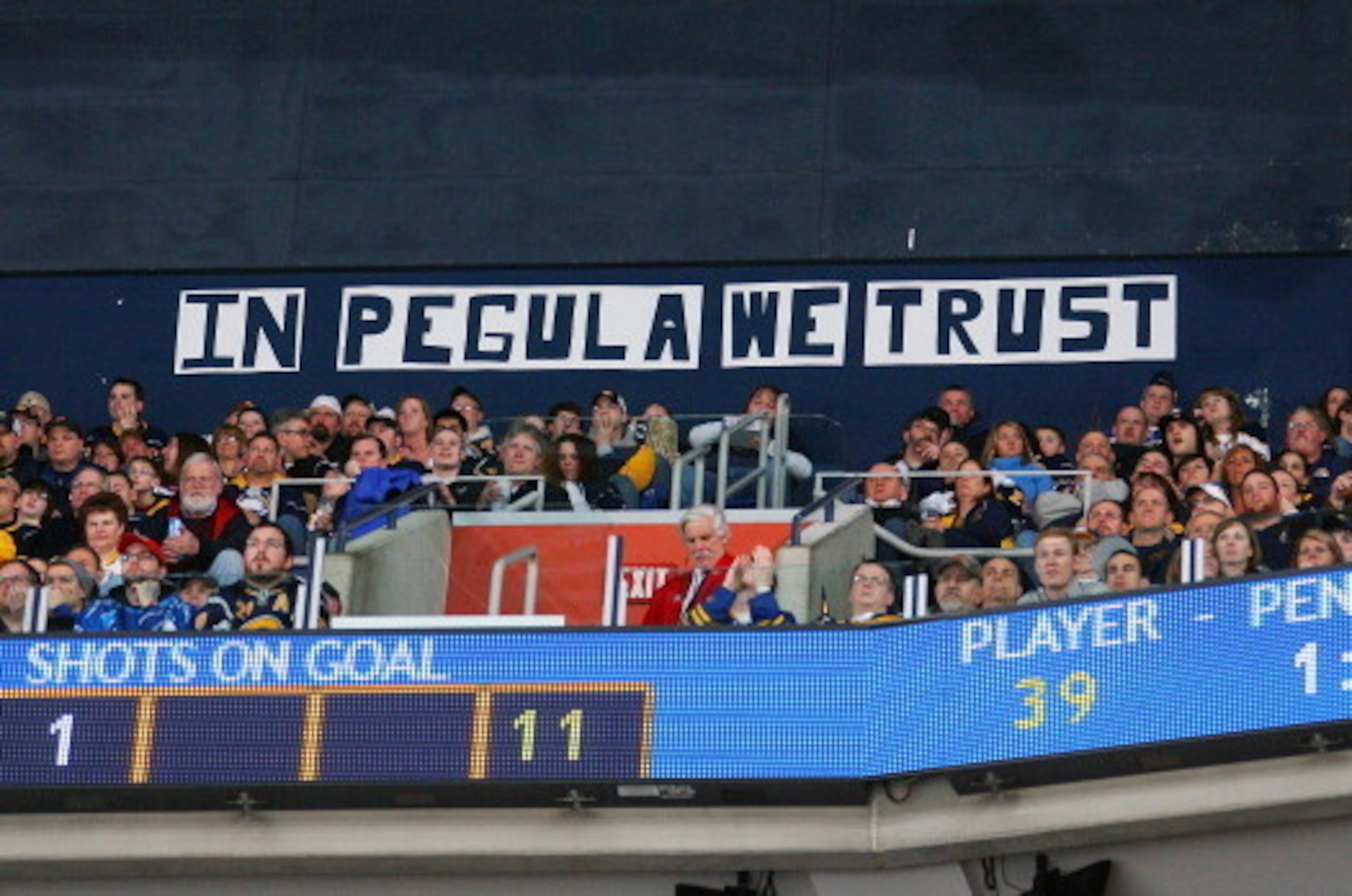 BUFFALO, NY - FEBRUARY 23:  A sign atop the arena welcomes new owner Terry Pegula of the Buffalo Sabres during their game against the Atlanta Thrashers at HSBC Arena on February 23, 2011 in Buffalo, New York.  (Photo by Bill Wippert/NHLI via Getty Images)