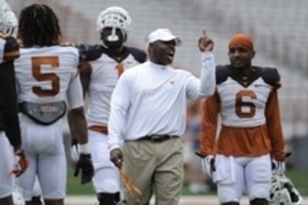 Apr 19, 2014; Austin, TX, USA; Texas Longhorns head coach Charlie Strong reacts during the Spring Game at Texas Memorial Stadium. Mandatory Credit: Brendan Maloney-USA TODAY Sports