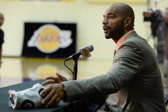 EL SEGUNDO, CA - JULY 25: Carlos Boozer #5 of the Los Angeles Lakers speaks to the media during a press conference at the Toyota Sports Center on July 25, 2014 in El Segundo, California. NOTE TO USER: User expressly acknowledges and agrees that, by downlo