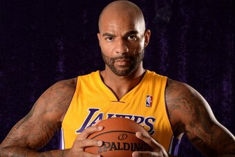 EL SEGUNDO, CA - JULY 25: Carlos Boozer #5 of the Los Angeles Lakers poses for a portrait after a press conference at the Toyota Sports Center on July 25, 2014 in El Segundo, California. NOTE TO USER: User expressly acknowledges and agrees that, by downlo