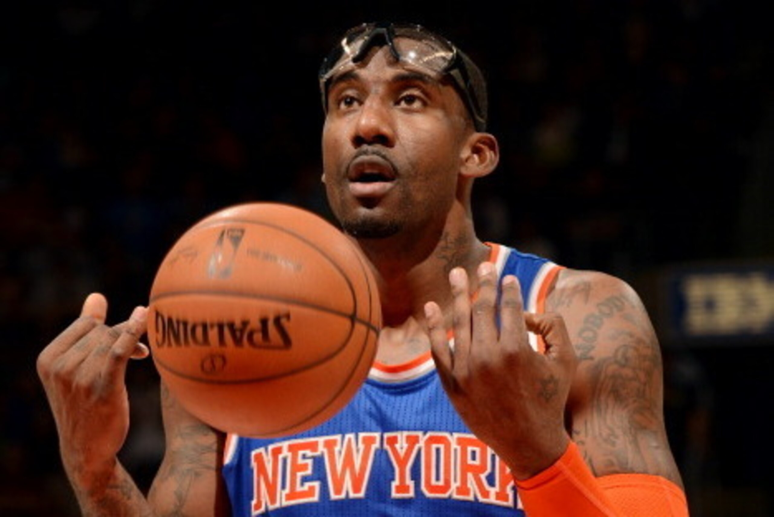TORONTO, CANADA - April 11 :Amar'e Stoudemire #1 of the New York Knicks attempts a free throw against the Toronto Raptors on April 11, 2014 at the Air Canada Centre in Toronto, Ontario, Canada.  NOTE TO USER: User expressly acknowledges and agrees that, b