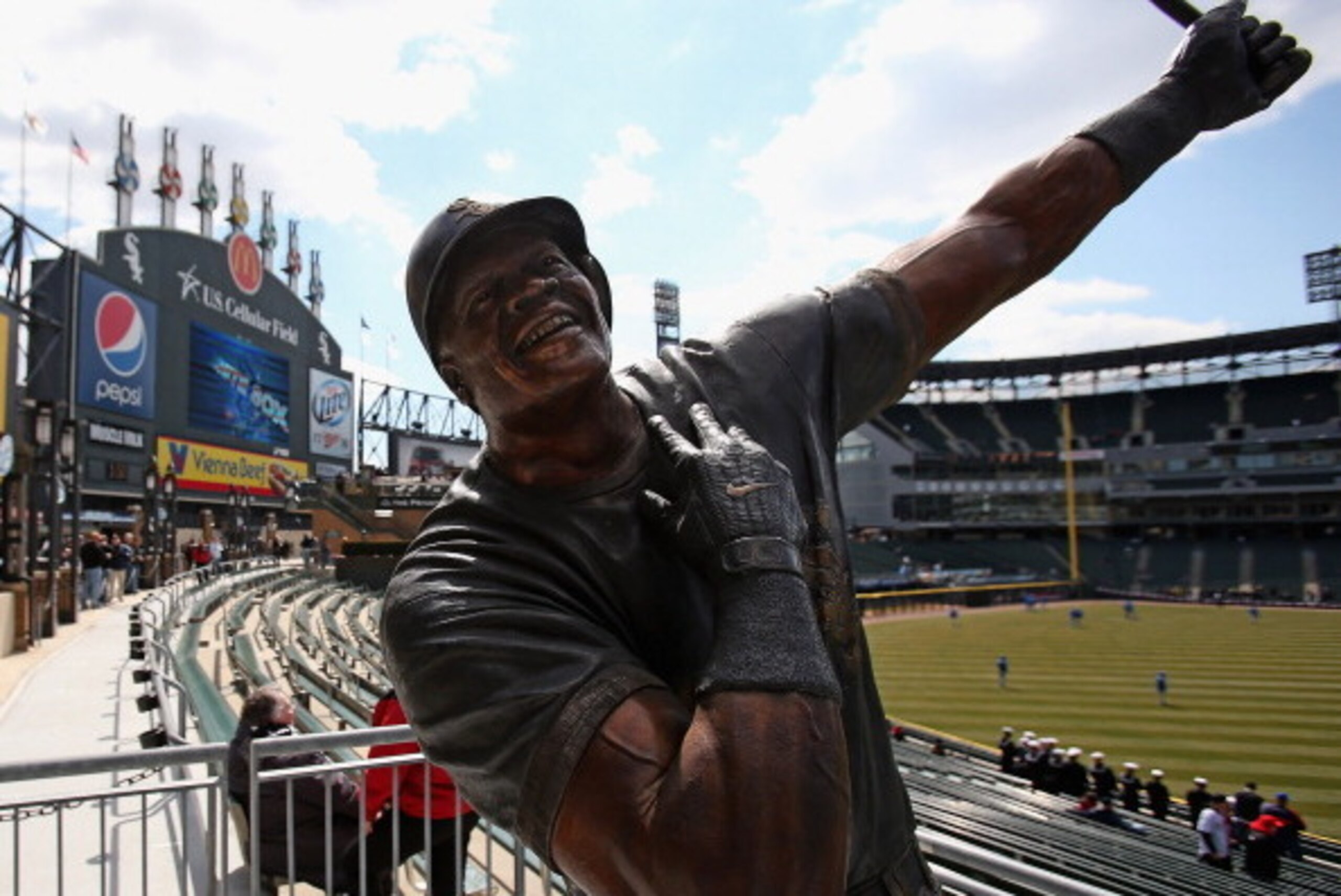 CHICAGO, IL - APRIL 01: A staue of former player Frank Thomas of the Chicago White Sox is seen in left field before the Opening Day game between the White Sox and the Kansas City Royals during the Opening Day game at U.S. Cellular Field on April 1, 2013 i
