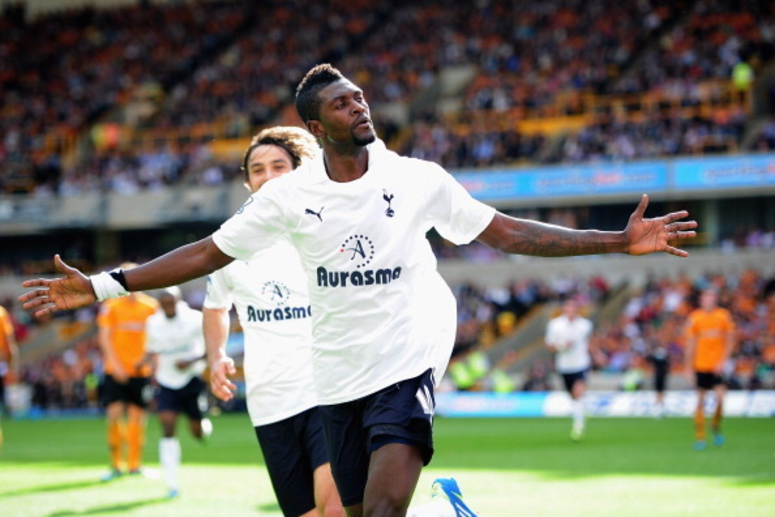 WOLVERHAMPTON, ENGLAND - SEPTEMBER 10:  Emmanuel Adebayor of Tottenham Hotspur celebrates his goal during the Barclays Premier League match between Wolverhampton Wanderers and Tottenham Hotspur at Molineux on September 10, 2011 in Wolverhampton, England. 
